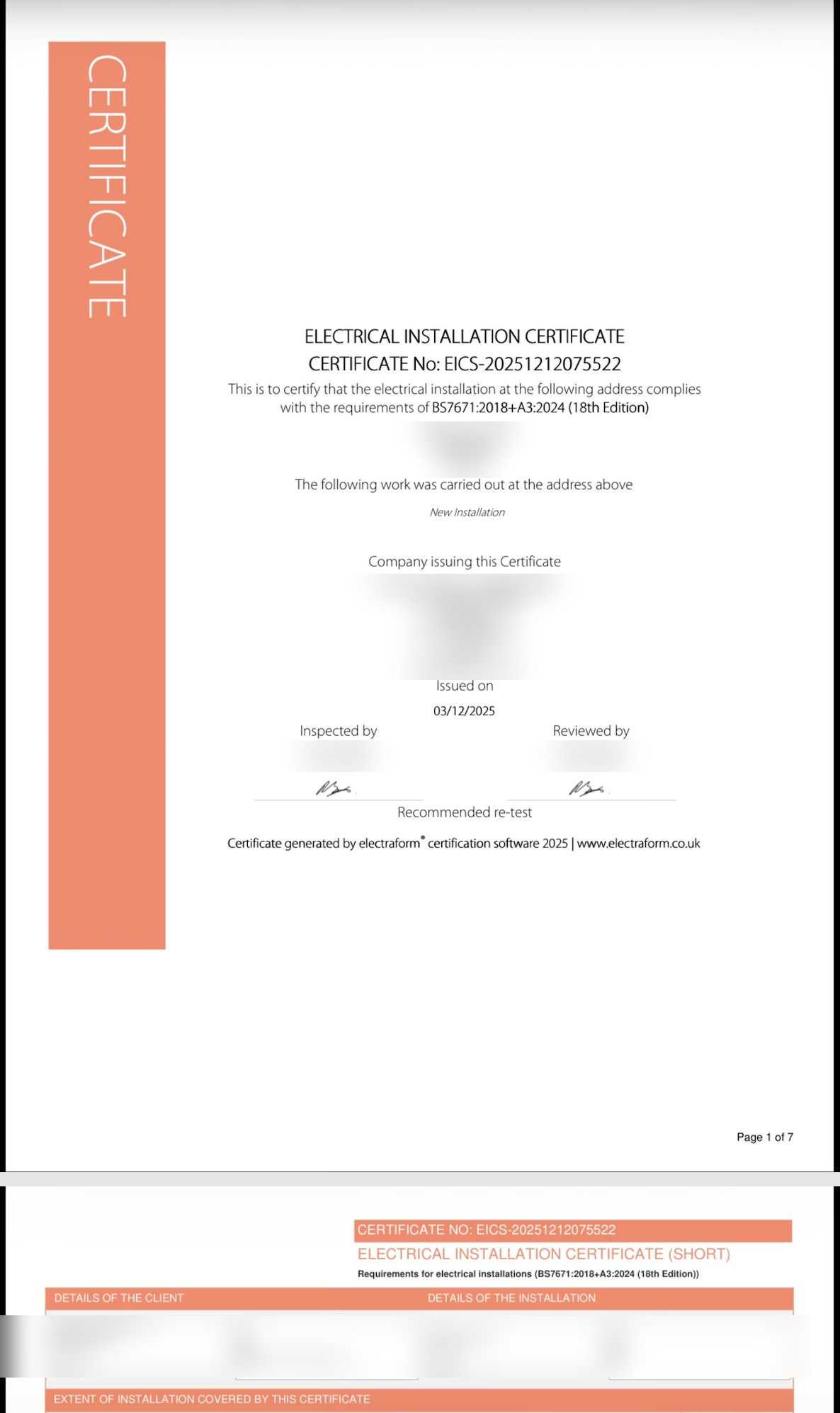 Example Electrical Installation Certificate with private details redacted