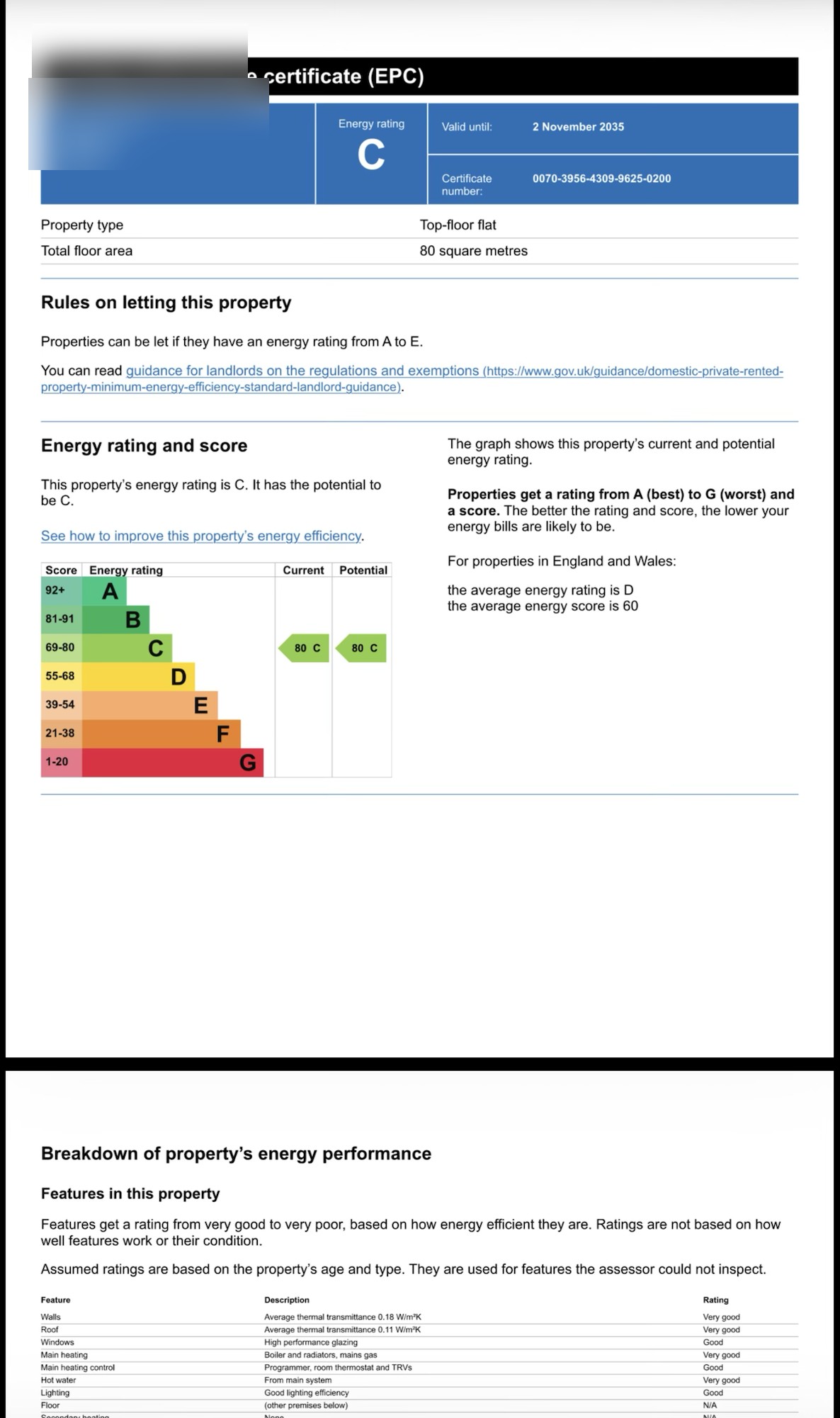 Example Energy Performance Certificate showing an EPC C rating