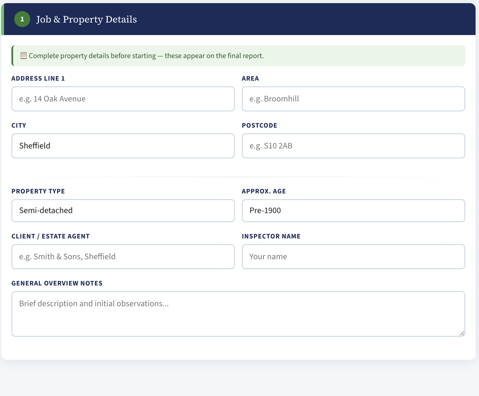 Property Health Check report form showing job and property details
